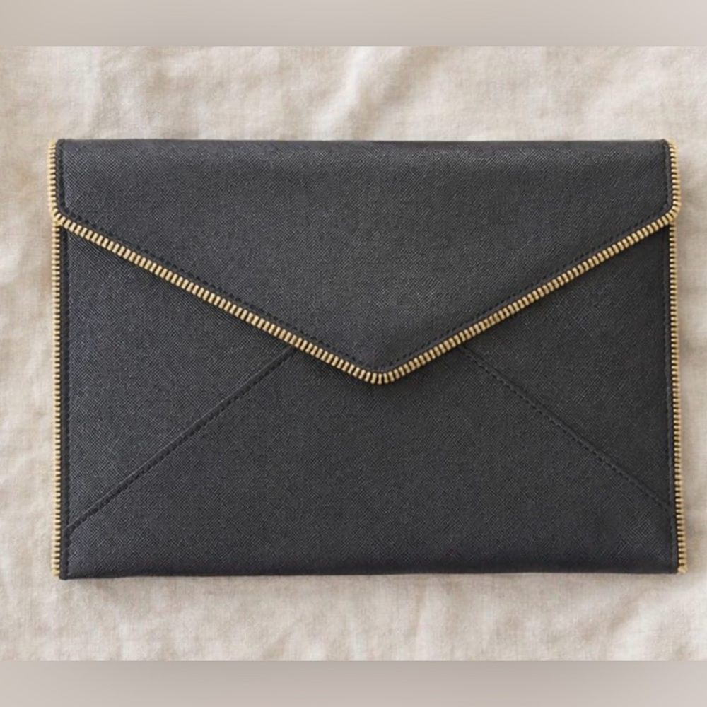 Rebecca Minkoff Saffiano Leather Envelope Clutch – Black / Gold Zip Trim